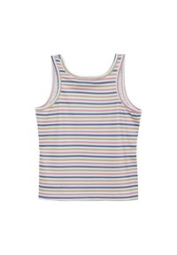 Randig linne i mjukt, elastiskt material. Har horisontella ränder i pastellfärger: rosa, blå, grön och beige. Rundad halsringning.