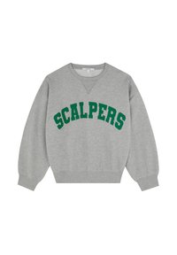 Grå sweatshirt lavet af en bomuldsblanding, med grøn tekst "SCALPERS" i fede bogstaver, ribbet krave og manchetter, samt en afslappet pasform.