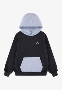 Felpa con cappuccio di colore nero e dettagli azzurri chiari, dotata di tasca a marsupio e un piccolo logo sul petto. Tessuto morbido.