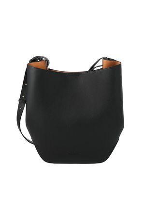 Black leather bucket shoulder bag with adjustable strap and tan interior lining.
