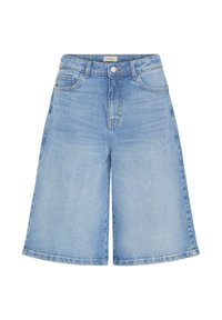 Short en denim bleu clair mi-longue aux genoux avec bouton devant, fermeture éclair et design à cinq poches, posé à plat sur fond blanc.