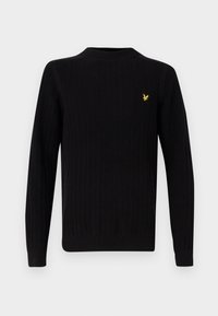 Maglione nero a coste con scollatura rotonda, maniche lunghe e un piccolo logo di un uccellino giallo sul petto. Dettaglio di tessuto testurizzato.
