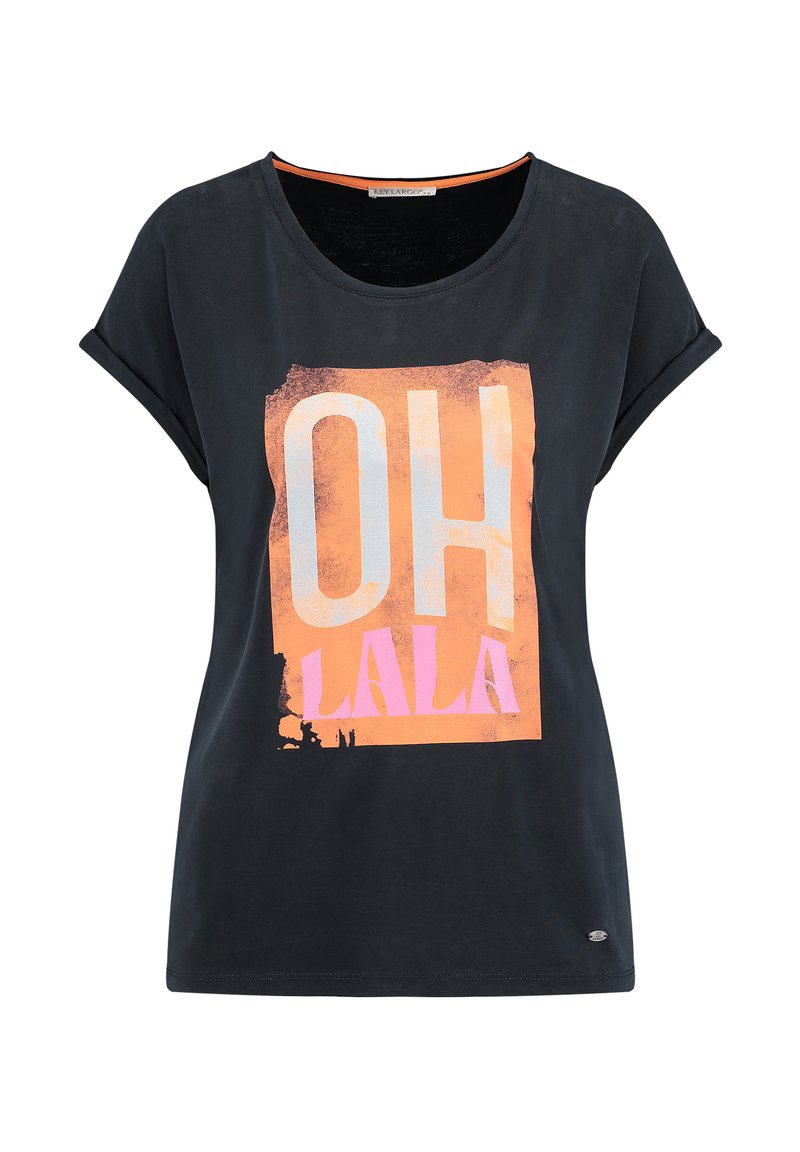 Camiseta negra de manga corta con un estampado gráfico que dice "OH LALA" en naranja y rosa. Fabricada en algodón, con un cuello redondo y un corte relajado.