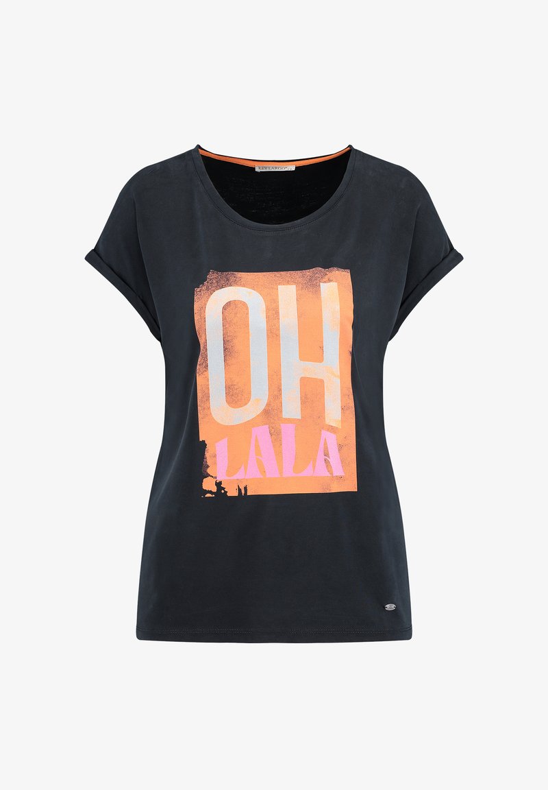 Camiseta negra de manga corta con un estampado gráfico que dice "OH LALA" en naranja y rosa. Fabricada en algodón, con un cuello redondo y un corte relajado.