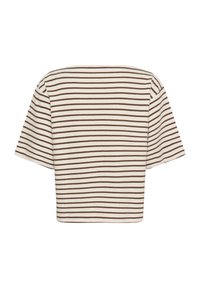 T-shirt court à manches courtes, rayé horizontalement de marron et crème, présenté à plat sur un fond blanc.