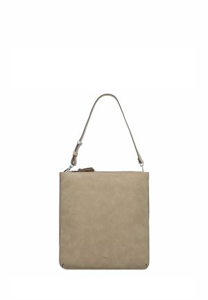 Borsa quadrata in pelle beige con una superficie liscia, tracolla regolabile e chiusura a zip superiore. Design semplice con accenti minimi.