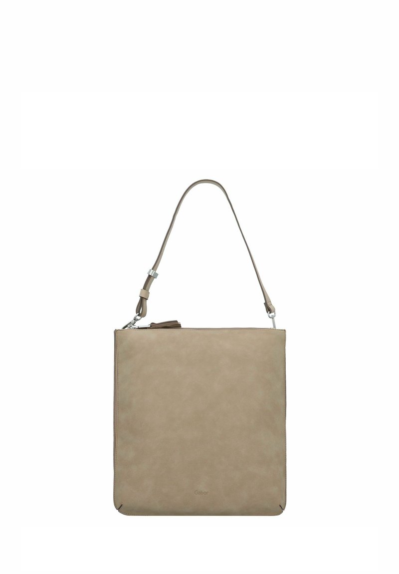 Vierkante, beige leren tas met een gladde textuur, verstelbare schouderriem en een ritsopener aan de bovenkant. Eenvoudig ontwerp met minimale accenten.