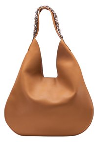 Sac hobo en cuir brun avec une forme décontractée, un haut découpé et un accent de chaîne sur la bandoulière. Texture lisse et aucune inscription visible.