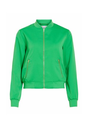 Groene bomberjack met ritssluiting aan de voorkant, geribde kraag, manchetten en zoom, en ritssluitingen aan de zijzakken, getoond op een witte achtergrond.