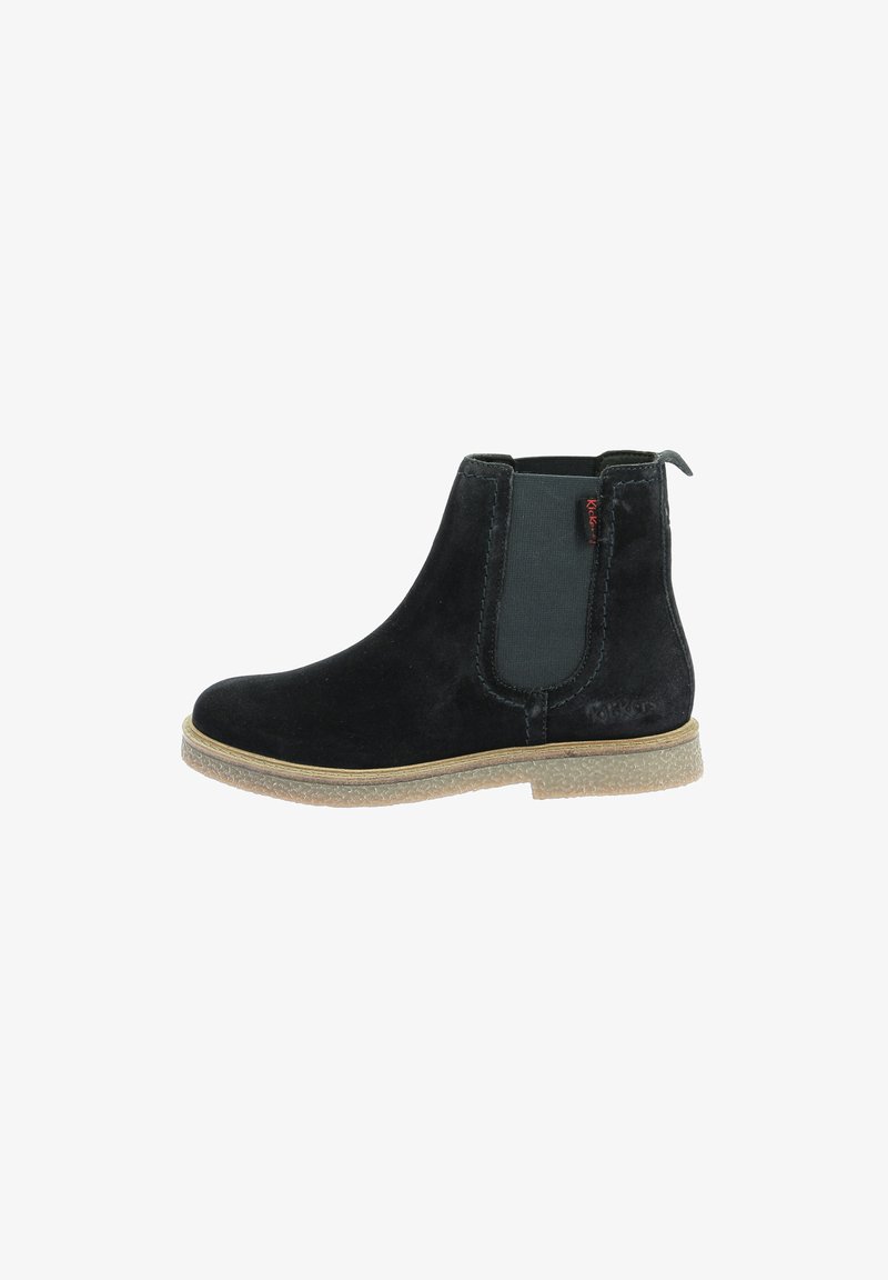 Schwarze Wildleder-Stiefelette mit elastischen Seiteneinsätzen, runder Spitze und beiger Gummisohle. Verfügt über eine Ziehlasche an der Ferse für einfaches Anziehen.