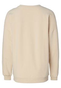 Beige sweatshirt met een relaxte pasvorm, geribbelde ronde hals en manchetten, zachte textuur, drop shoulders en een eenvoudig ontwerp zonder versieringen.