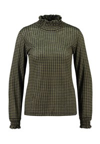 Maglietta a maniche lunghe con colletto alto in verde oliva scuro con motivo houndstooth. Presenta un colletto e dei polsini arricciati. Texture del tessuto liscia.