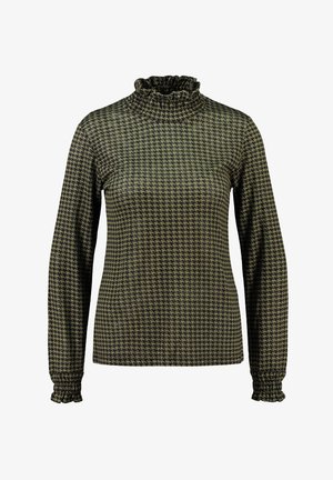 Top de cuello alto de manga larga en verde oliva oscuro con patrón de pata de gallo. Presenta un escote y puños fruncidos. Textura de tela suave.