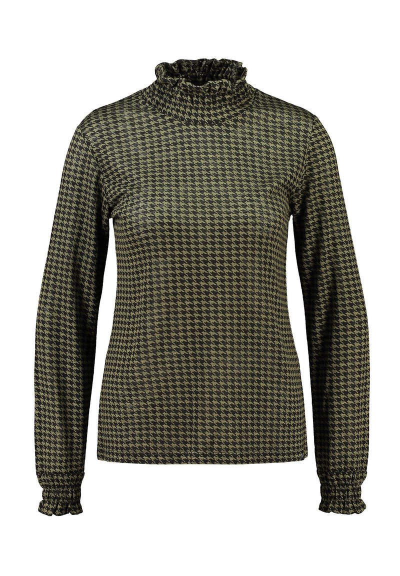 Maglietta a maniche lunghe con colletto alto in verde oliva scuro con motivo houndstooth. Presenta un colletto e dei polsini arricciati. Texture del tessuto liscia.