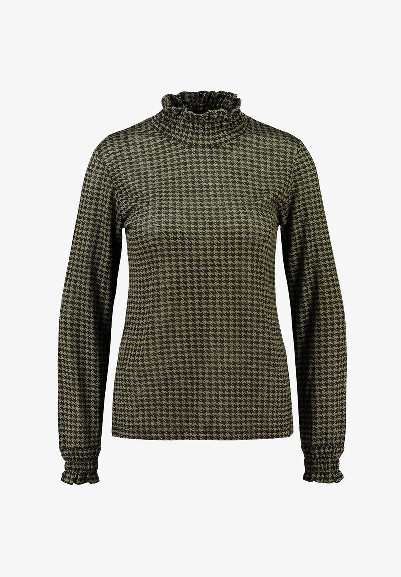 Maglietta a maniche lunghe con colletto alto in verde oliva scuro con motivo houndstooth. Presenta un colletto e dei polsini arricciati. Texture del tessuto liscia.