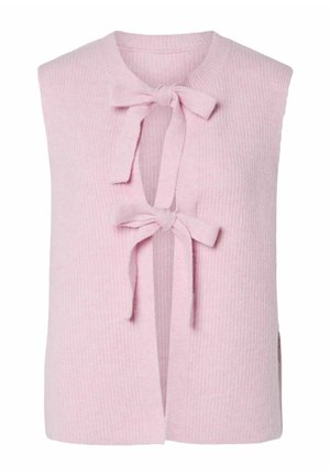 Mouwloos zachtroze gebreid vest met twee strikjes aan de voorkant boven een verticale opening, ronde halslijn en een geribbelde structuur.