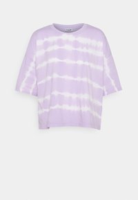 Vaaleanlila nippanappa puuvillapaita rentoa leikkausta, lyhyet hihat, pyöreä pääntie ja valkoiset aaltoilevat raidat.