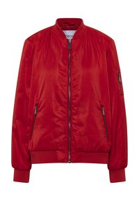 Veste bomber rouge en tissu lisse et brillant, dotée d'une fermeture éclair sur le devant, d'un col côtelé et de deux poches latérales avec fermetures éclair.