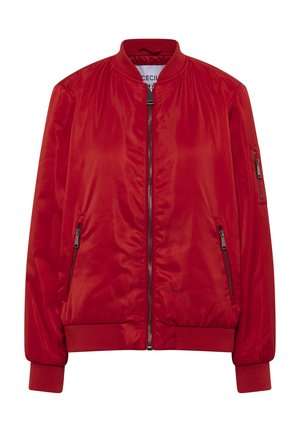 Veste bomber rouge en tissu lisse et brillant, dotée d'une fermeture éclair sur le devant, d'un col côtelé et de deux poches latérales avec fermetures éclair.