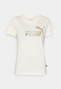Vit kortärmad Puma-t-shirt med beige zebra-randig Puma-logotyp och text centrerad på bröstet.