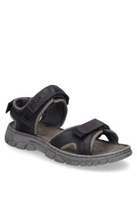 Czarne sandały z szarymi akcentami, otwarta konstrukcja, regulowane paski, wyściółka z miękkiego materiału oraz teksturowana gumowa podeszwa dla lepszej przyczepności.
