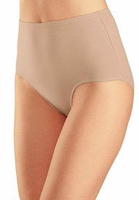 Beige high-waisted ondergoed van gladde stof. Met een naadloos ontwerp en delicate stiksels langs de randen.