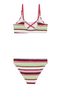 Dryžuotas bikini rinkinys, kuriame yra trumpas viršus su kryžminėmis petnešomis ir žemai nusileidžiančios kelnaitės. Spalvos: raudona, žalia, smėlinė ir balta. Lygus audinys.