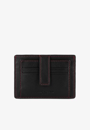 Portafoglio in pelle nera con cuciture rosse, slot centrale per un facile accesso e più slot su ciascun lato per le carte.