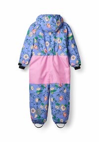 Conjunto de nieve infantil colorido con fondo azul y patrones de flores y pájaros, panel de acento rosa, puños elásticos y capucha.