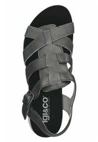 Gray leather sandal with multiple woven straps, adjustable buckle, and textured footbed. Features a contoured sole for comfort.