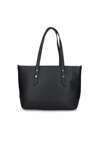 Borsa a tracolla nera in pelle liscia, con due manici e dettagli in metallo argentato. Forma rettangolare con chiusura a zip.