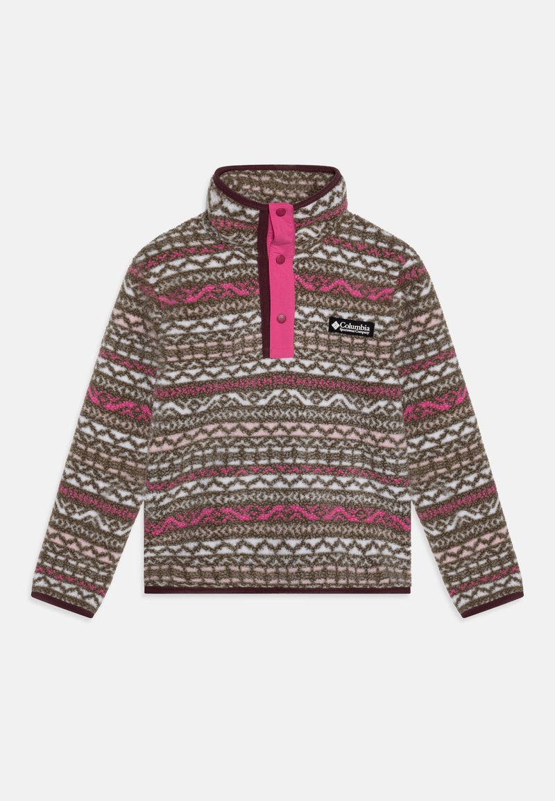 Pullover in pile marrone con colletto a mezza zip rosa. Presenta un design a fantasia multicolore con accenti rosa e bordeaux. Logo Columbia visibile.