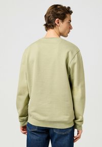 Pullover di colore verde chiaro con maniche lunghe, scollo rotondo, polsini e orlo a costine. Texture morbida e design casual. Jeans in denim parzialmente visibili.