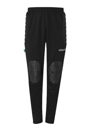 Zwarte gevoerde sportbroek met elastische tailleband, zeshoekige knie- en zijpadding en "uhlsport"-logo op de rechterdij.