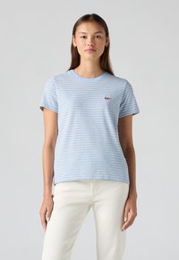 Light blue striped t-shirt made of soft fabric, features a round neckline, short sleeves, and a small red logo on the left chest.