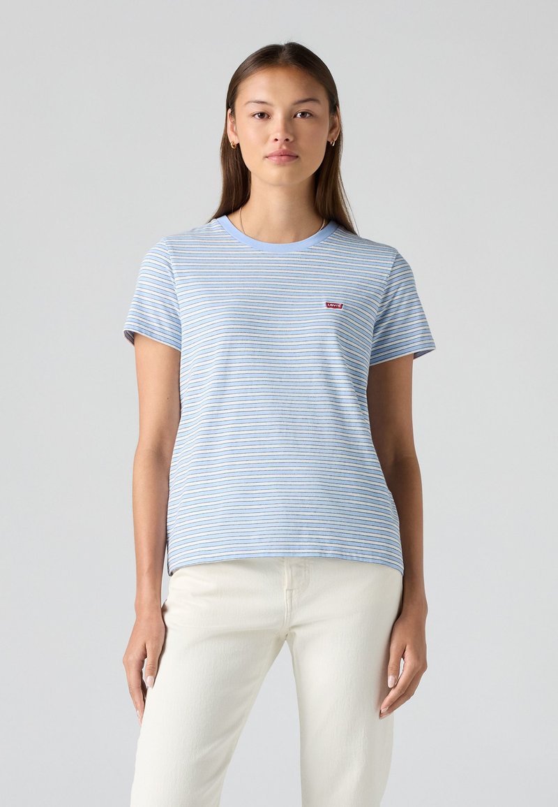 Light blue striped t-shirt made of soft fabric, features a round neckline, short sleeves, and a small red logo on the left chest.