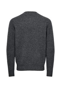 Gray woolen sweater, crew neck, long sleeves, ribbed cuffs and hem, solid texture, minimal stitching, no visible graphics or patterns.