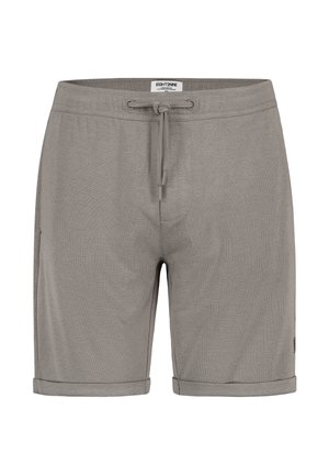 Graue Freizeithosen mit Kordelzug am Bund und umgeschlagenen Säumen, aus strukturiertem Stoff gefertigt, Vorderansicht mit sichtbarem kleinem Markenlabel.