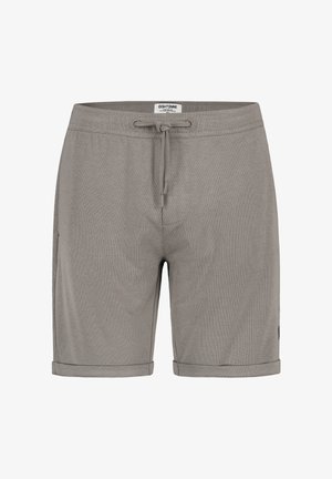 Graue Freizeithosen mit Kordelzug am Bund und umgeschlagenen Säumen, aus strukturiertem Stoff gefertigt, Vorderansicht mit sichtbarem kleinem Markenlabel.