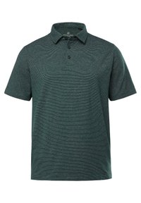 Mörkgrön polo t-shirt i strukturerad tyg, med krage, tre knappslå och subtila horisontella ränder.