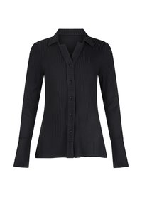 Zwarte geribbelde blouse met lange mouwen, een kraag, knoopsluiting, uitlopende manchetten en een getailleerd ontwerp.