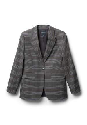 Braun kariertes Sakko aus einer Wollmischung. Verfügt über einen tiefen Reverskragen, zwei Taschen, eine Ein-Knopf-Verschluss und ein glattes Innenfutter.