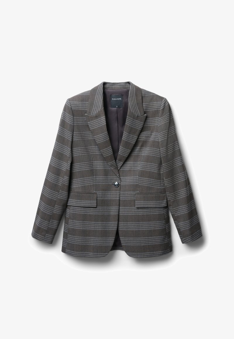 Blazer a quadri marrone realizzato in misto lana. Presenta revers a punta, due tasche, chiusura con un solo bottone e una fodera interna liscia.