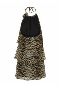 Vestido de estampado de leopardo con parte superior negra. Presenta capas de tela transparente en forma de volantes y tiras para atar al cuello. Material suave y ligero.