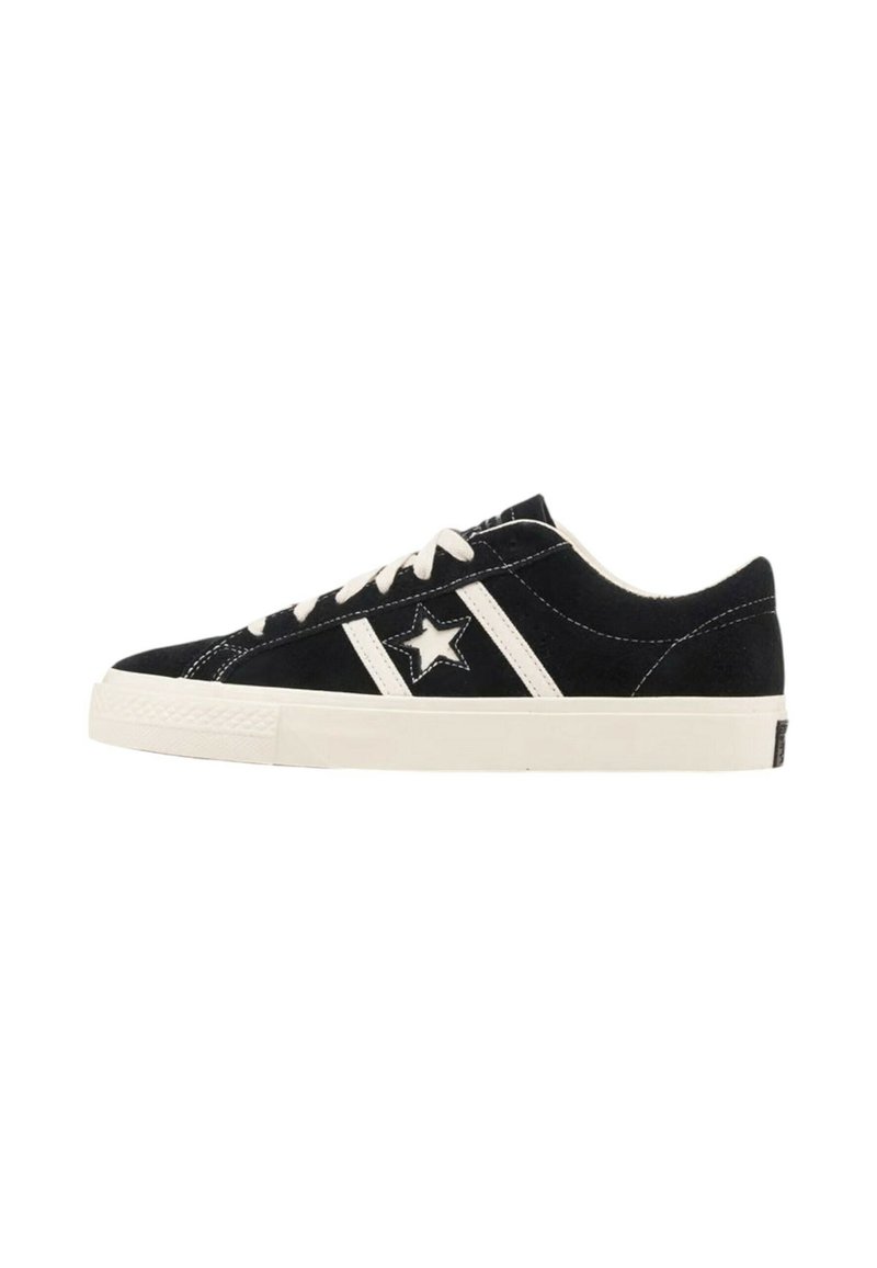 Black low-top sneaker with white laces, white sole, and a white star logo on the side.