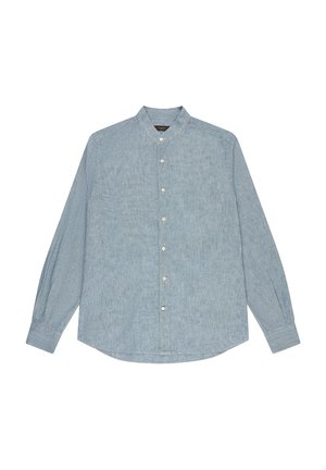 Hellblaues, langärmliges Hemd mit Knopfleiste, Mandarinkragen und weißen Knöpfen, aus strukturiertem Stoff gefertigt.
