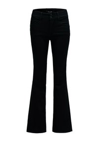 Pantalones vaqueros negros de tiro acampanado, fabricados en denim. Presentan una cintura alta, dos bolsillos frontales y cierre de botón. Textura suave con un corte clásico.