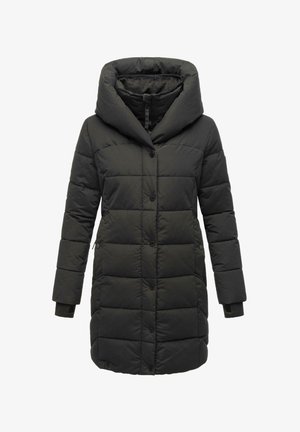 Musta, pitkä toppatakki suurilla hupulla, nappisuljenta, tikattu muotoilu ja sivutaskut. Valmistettu eristetyistä kankaista, jotka tarjoavat lämpöä.