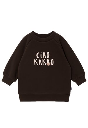 Mørkebrun langærmet sweatshirt med ribbede manchetter og krave, med beige tekst "CIAO KAKAO" og en lille kop grafik på forsiden.