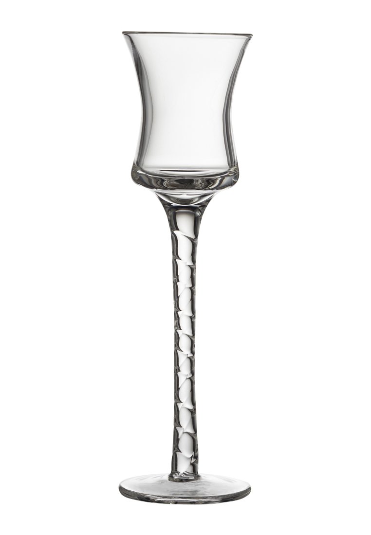 Klarer Glas-Shot-Glas mit einem ausgestellten oberen Rand, einem verdrehten Halsdesign und einer runden Basis. Keine sichtbaren Muster oder Akzente.